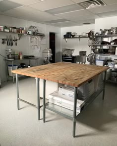 an industrial kitchen with stainless steel appliances and wooden table