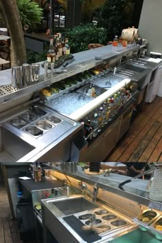 an outdoor kitchen with many pots and pans