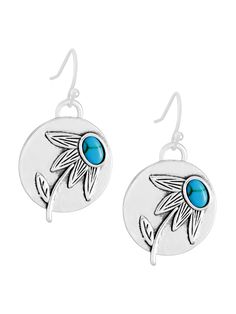 PRICES MAY VARY. CHIC FLORAL EMBOSSING: The earrings showcase a delicate floral embossing with a flowing stem and leaf design, creating an elegant and naturalistic aesthetic suitable for various styles. STRIKING APPEARANCE: Each earring is adorned with a turquoise-colored stone, providing a stunning visual contrast to the metallic finish and adding a touch of vibrant color. DURABLE CONSTRUCTION: Meticulously crafted from zinc alloy, these earrings offer both affordability and long-lasting wear, Naturalistic Aesthetic, Bohemian Jewelry Gift, Flower Sunflower, Boho Turquoise, Hippie Flowers, Bohemian Summer, Turquoise Boho, Colored Stone, Earrings Bohemian