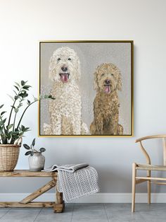 two dogs sitting next to each other in front of a wall with plants and potted plants