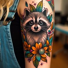 a raccoon with flowers and leaves on it's arm is shown in this image