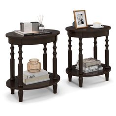 two end tables with books on them sitting next to each other