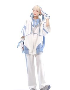 White And Blue Aesthetic Outfit, Tenshi Kawaii Outfit, Landmine Girl, Cybercore Fashion, Outfit Coordination, Kawaii Leg Warmers, Blue And White Sweater, Tracksuit Fashion, Light Blue Hair