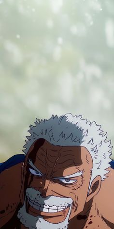 an anime character with white hair and beards is looking at the camera while smiling