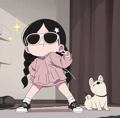 a cartoon girl with sunglasses and a dog