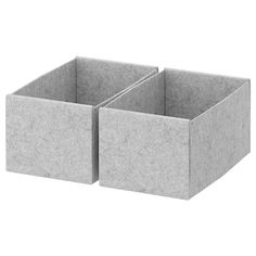 two gray bins sitting next to each other on a white background, one is empty