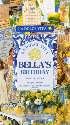 A blue and yellow La Dolce Vita moodboard featuring lemons, Mediterranean decor, elegant table settings, and a stylish editable birthday invitation. Captures the feel of an Italian summer, perfect for a lemon-themed adult birthday celebration.