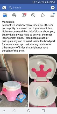 a pink and white baby potty sitting on top of a seat in a car