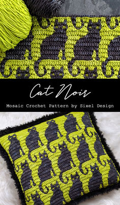 the crochet pattern is shown in black, yellow and gray with an elephant motif