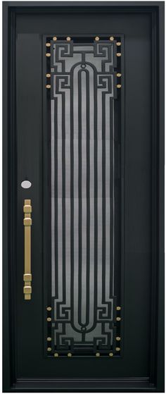 a black and white door with gold handles