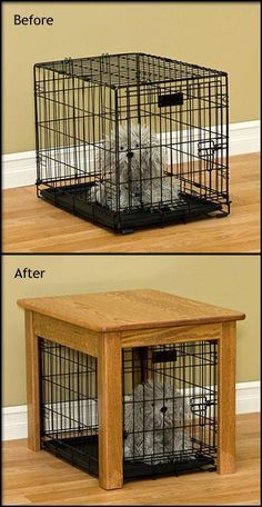 two pictures of a dog in a cage on the floor