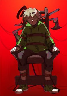 an anime character sitting in a chair with two swords on his head and one eye open