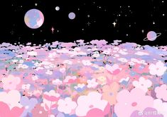 an abstract painting with pink and blue flowers in the foreground, planets in the background