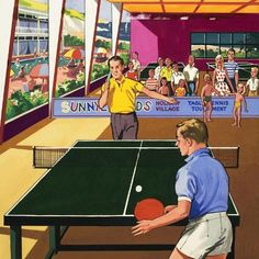 a painting of people playing ping pong in an indoor area with tables and chairs