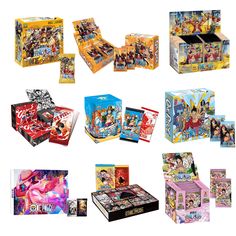 various boxes with cartoon characters on them and one box containing an action figure in the middle