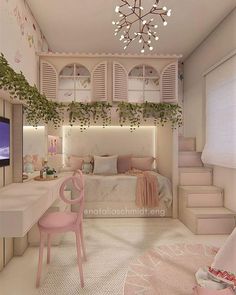 a bedroom with white walls and pink furniture