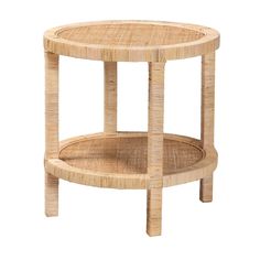 a round table with two shelves made out of wood and wicker on the bottom