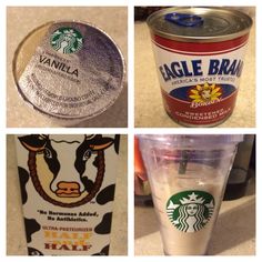 four different starbucks products are shown in three pictures, one is an ice cream and the other two are yogurt