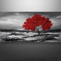 a painting of a red tree in the middle of an ocean with dark clouds above it