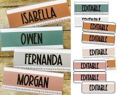 there are different types of name tags on the wooden table and in each one, there is a ruler