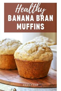 healthy banana bran muffins with text overlay