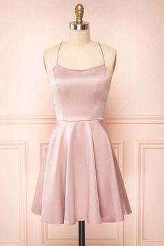 Simple Pink Straps A-line Short Party Dress with Lace Up Back Light Pink Dress Short, Pink Prom Dresses Short, Purple Satin Dress, Short Satin Dress, Surprise Dance, Dama Dresses, Short Satin, Pink Satin Dress, Pink Dress Short