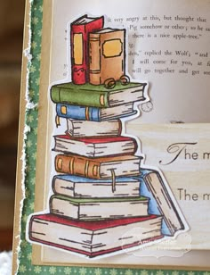 a card with books stacked on top of each other