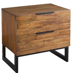 a wooden nightstand with two drawers on one side and black metal legs, against a white background