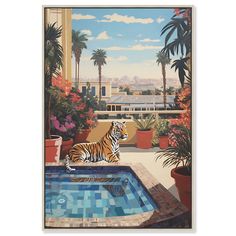 a painting of a tiger sitting on the edge of a swimming pool