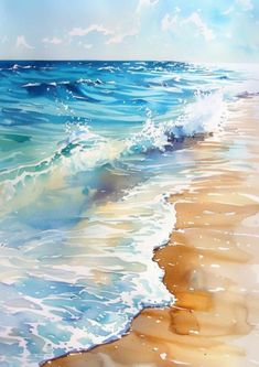 a painting of the ocean with waves coming in from the shore and sand on the beach