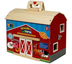 a wooden toy barn with farm animals on the front and sides, painted in bright colors