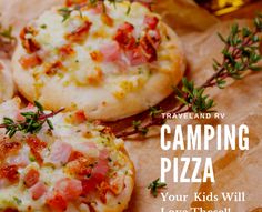 three pizzas sitting on top of a piece of wax paper with the words camping pizza