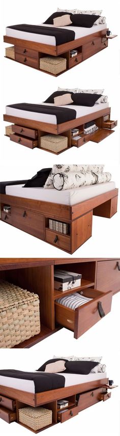 three different pictures of a bed with drawers and mattresses on it's sides