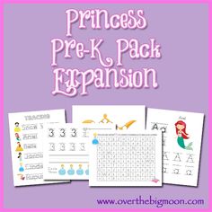 princess pre - k pack with the words, numbers and letters to be written on it