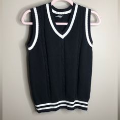 Yujianxiong Sweater Vest No Size Tag Size Comparable To Medium/ Large In Woman’s New Never Used, No Tag Mc Fitted Black Sweater Vest, Black Sleeveless School Top, Cable Knit Sweater Vest, White Cable Knit Sweater, Knit Sweater Vest, Navy Blue Sweater, Cable Knit Sweater, Black Cardigan, Cotton Sweater