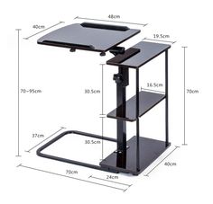 an image of a computer desk on wheels with measurements for the top and bottom section