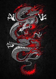 a red and white dragon on a black background