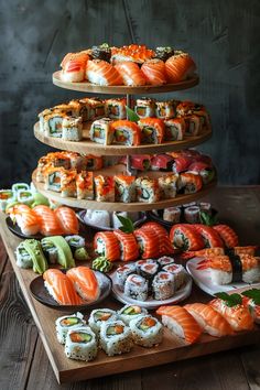 sushi is stacked on top of each other with different toppings and sauces