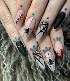 Scary Nails, Horror Nails, Holloween Nails, Halloween Acrylic Nails, Gothic Nails, Goth Nails, Grunge Nails, Spider Webs