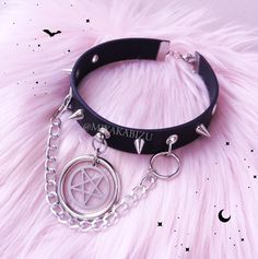 Pastel Goth choker made from eco strap (width 20mm/ 0.79"). Decorated with stainless steel pentagram, 3 o-rings, spikes and aluminium chain. Our chokers will be perfect for alternative style like pastel goth, gothic, grunge, emo, harajuku  Available 2 colors: BLACK/ PINK Lenght: 32cm/12,6" + 5cm/1,97" of chain if you're looking for more chokers: https://www.etsy.com/shop/MiyakaBizu?ref=seller-platform-mcnav&section_id=22229405 ATTENTION! Estimate shipping time is about 1-2 weeks to EU and 3-5 we Coquette Witch, Emo Harajuku, Pastel Goth Choker, Creepy Clothes, Goth Choker Necklaces, Nightmare Before Christmas Hoodie, Grunge Witch, Bubble Goth, Goth Choker