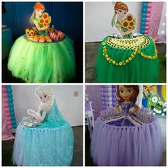 there are four pictures of different princesses on this table and in the middle one is a cake