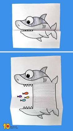 two pictures of the same shark with different colors and shapes on them, one is drawn in