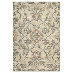 a rug with an intricate design on the front and back side, in beige tones