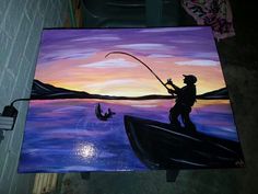 a painting of a man fishing on a boat