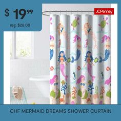 a shower curtain with mermaids on it for $ 19 99