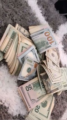 a pile of money sitting on top of a carpet covered in white fluffy blankets and fur