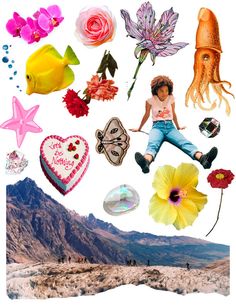 a collage of flowers, hearts, and other things in the air with mountains behind them