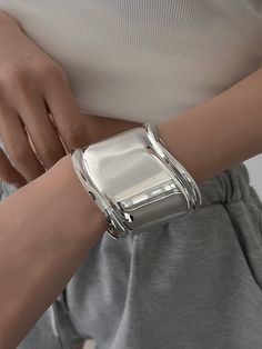 Metallic Wide Cuff Bracelet Cuff Silver Bracelet, Trendy Silver Cuff Bangle, Trendy Formal Cuff Bracelet, Bracelets Outfit, Style Moodboard, Hand Pillow, Portfolio Ideas, Wide Cuff Bracelets, Fashion Drawing Dresses