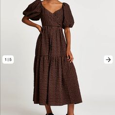 Size 6 & 8 River Island Brown Gingham Maxi Dress New Unworn Check Print Frill Detail Puff Sleeves V Neck Chic Plaid Puff Sleeve Dress, Maxi Dress Sleeves, Brown Maxi Dress, Island Dresses, Resort Maxi Dress, Brown Gingham, Brown Maxi Dresses, Cotton Wrap Dress, Flower Maxi Dress