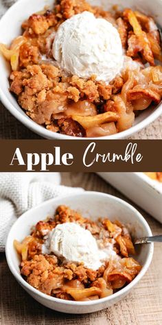 two bowls filled with apple crumble and ice cream